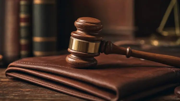 A brass-banded wooden gavel resting on a brown leather folder in front of a shelf of law books